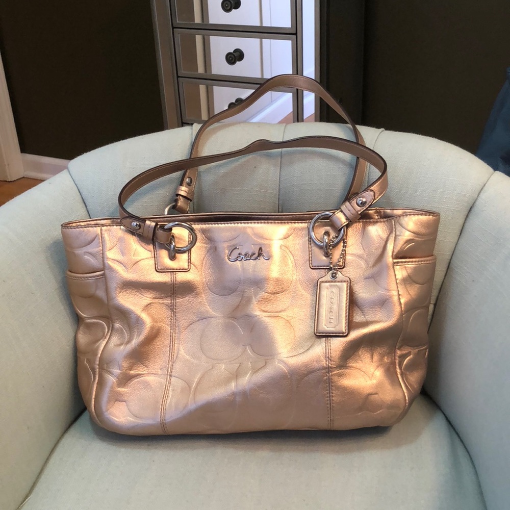 Metallic gold Coach Bag with purple satin lining